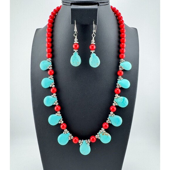 Turquoise & Red Coral Beaded Necklace Set Teardrop Toggle Earrings Southwestern - Picture 1 of 16